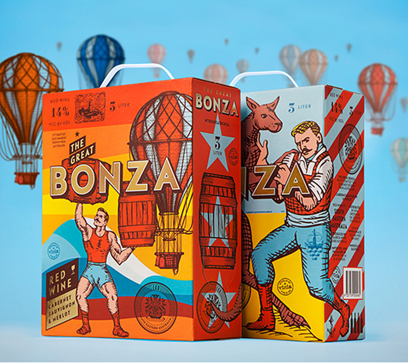 box with text saying "the great bonza" and a image of a man lifting barrels with hot air balloons behind him