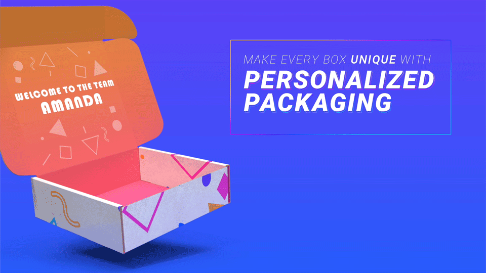 personalized-packaging-buyboxes make every box unique with personalized packaging text next to a box with "welcome alex!" on it