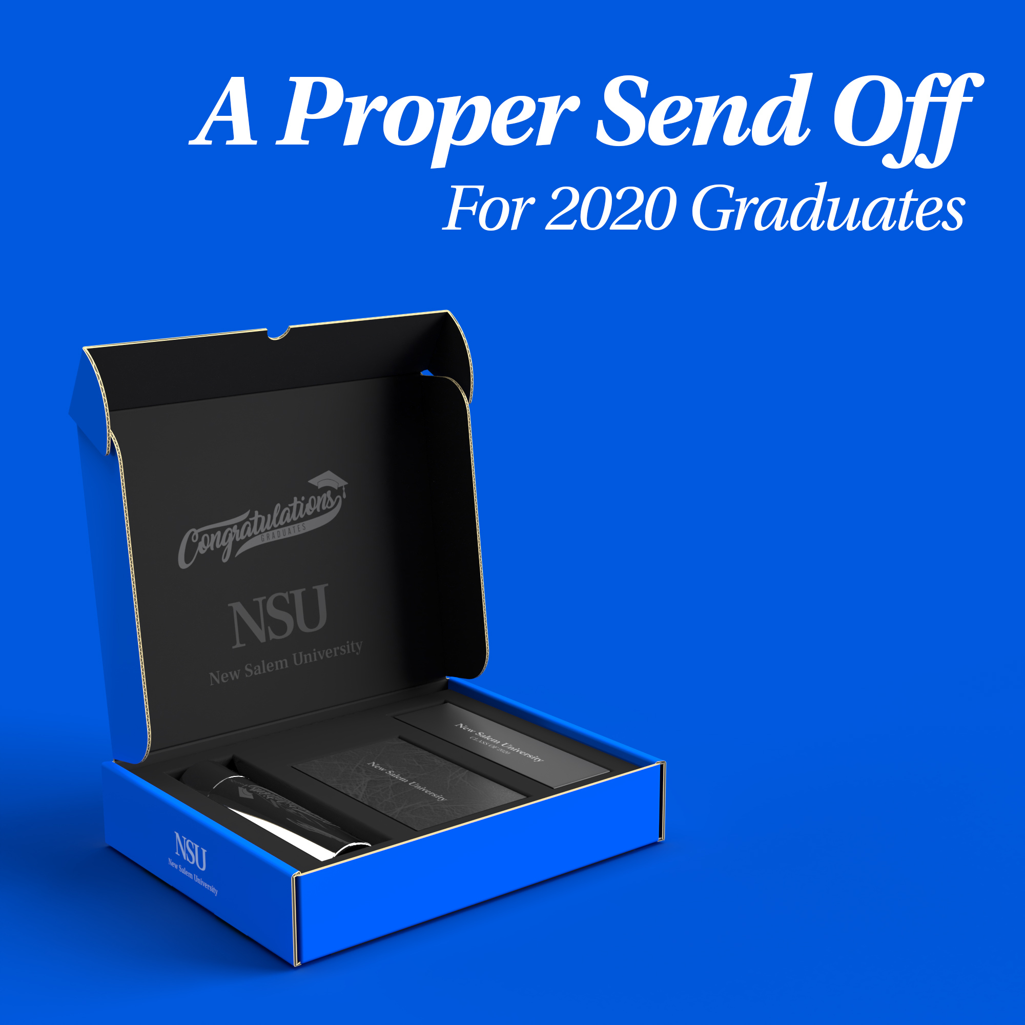 a blue and black NSU mailer box with a caption saying "a proper send off for 2020 graduates"