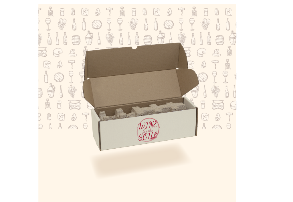 a off white wine box with a wine and cheese icon background
