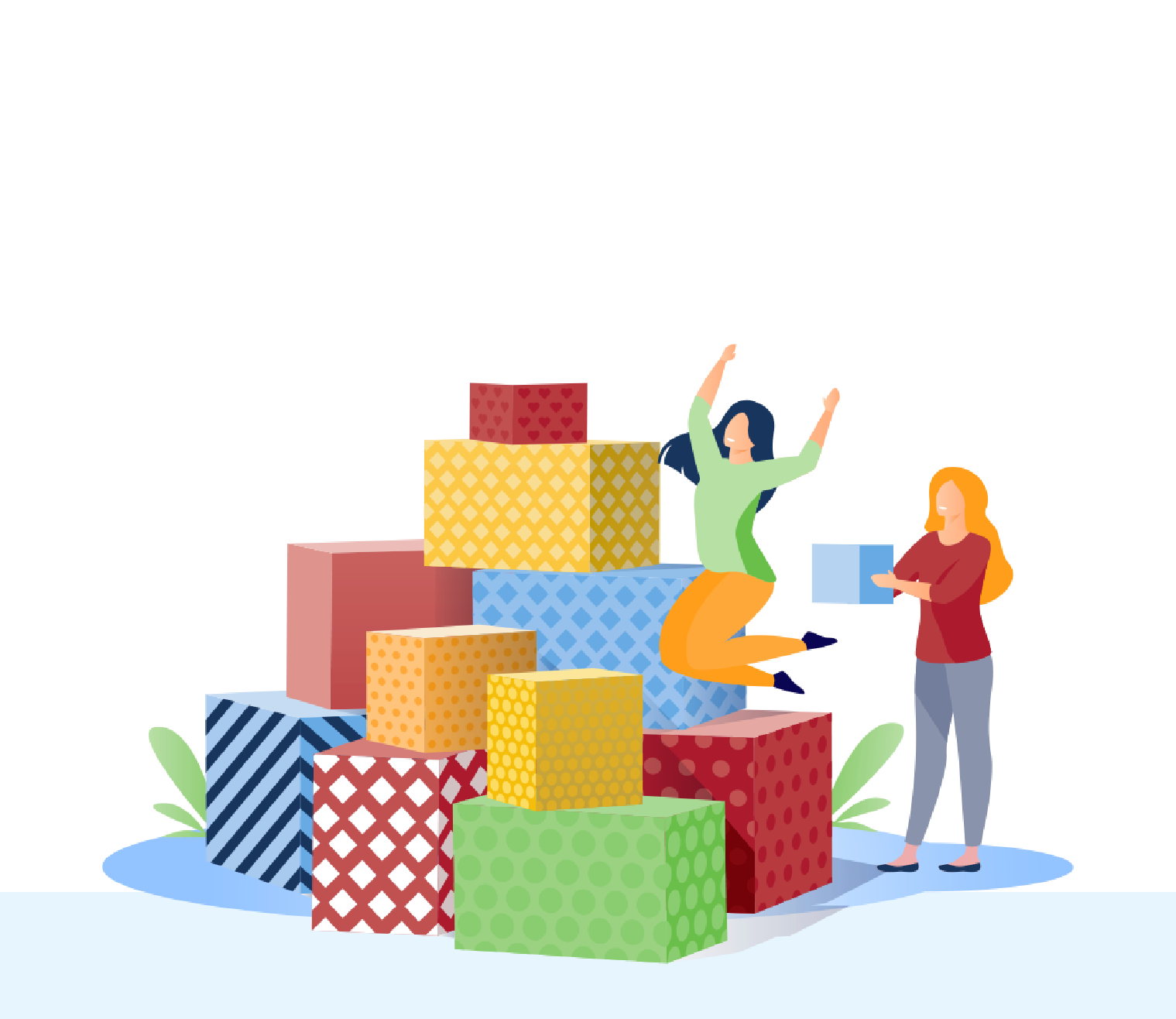 tower of boxes with various colors and patterns and two people with excited expressions in front of it