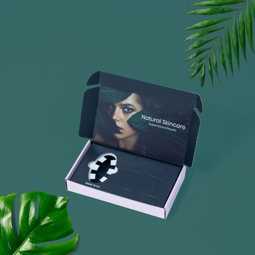 natural skincare mailer box with dark blue interior