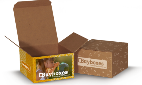 Yellow and brown gift box with image of child blowing a bubble